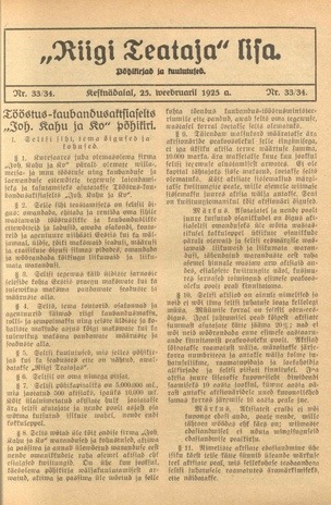 Riigi Teataja Lisa : seaduste alustel avaldatud teadaanded ; 33/34 1925-02-25
