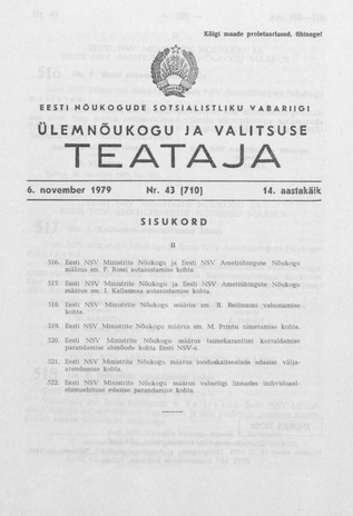 Eesti Nõukogude Sotsialistliku Vabariigi Ülemnõukogu ja Valitsuse Teataja ; 43 (710) 1979-11-06