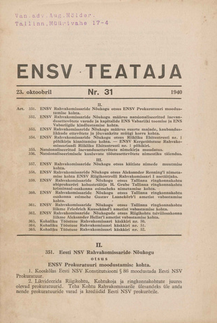 Eesti NSV Teataja ; 31 1940-10-23