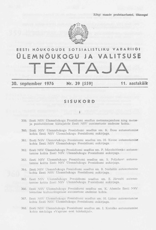 Eesti Nõukogude Sotsialistliku Vabariigi Ülemnõukogu ja Valitsuse Teataja ; 39 (559) 1976-09-30