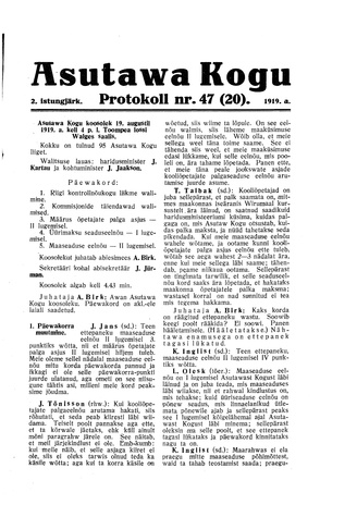 Asutawa Kogu protokoll nr.47 (20) (19. august 1919)