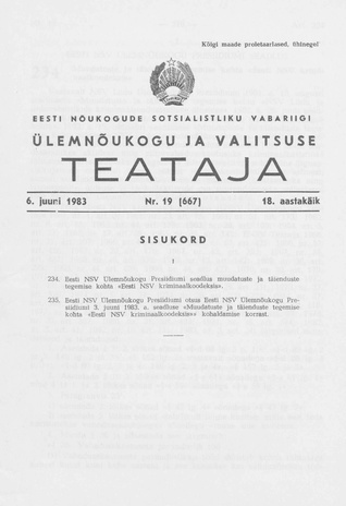 Eesti Nõukogude Sotsialistliku Vabariigi Ülemnõukogu ja Valitsuse Teataja ; 19 (667) 1983-06-06