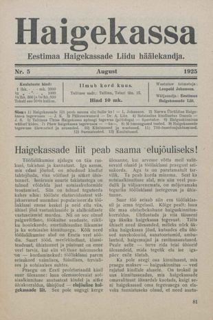 Haigekassa : Eestimaa Haigekassade Liidu häälekandja ; 5 1925-08