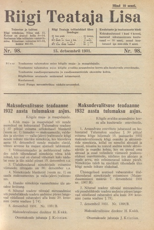 Riigi Teataja Lisa : seaduste alustel avaldatud teadaanded ; 98 1931-12-15