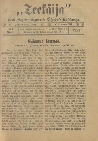 Teekäija : Eesti Baptisti Koguduse Ühenduse häälekandja ; 4 1921-04