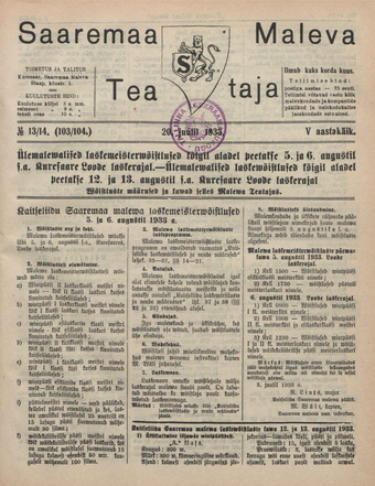 Saaremaa Maleva Teataja ; 13/14 (103/104) 1933-07-20