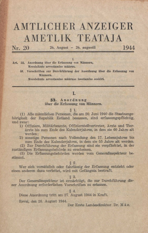 Ametlik Teataja. I/II osa = Amtlicher Anzeiger. I/II Teil ; 20 1944-08-26