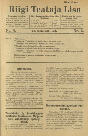 Riigi Teataja Lisa : seaduste alustel avaldatud teadaanded ; 6 1934-01-23