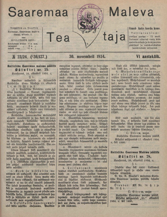 Saaremaa Maleva Teataja ; 23/24 (136/137) 1934-11-30