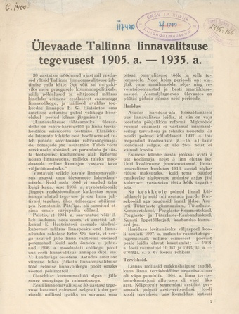 Ülevaade Tallinna linnavalitsuse tegevusest 1905.-1935. a