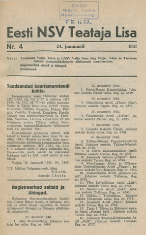 Eesti NSV Teataja lisa ; 4 1941-01-24