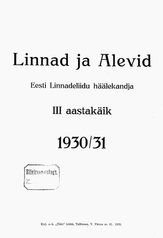 Linnad ja Alevid ; sisukord 1930/31