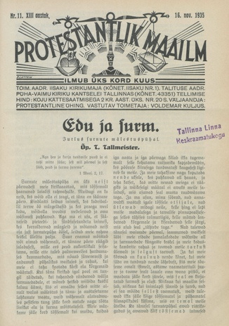 Protestantlik Maailm : Usu- ja kirikuküsimusi käsitlev vabameelne ajakiri ; 11 1935-11-16