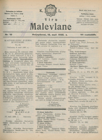 K. L. Viru Malevlane ; 10 1935-05-15