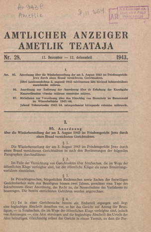 Ametlik Teataja. I/II osa = Amtlicher Anzeiger. I/II Teil ; 28 1943-12-12