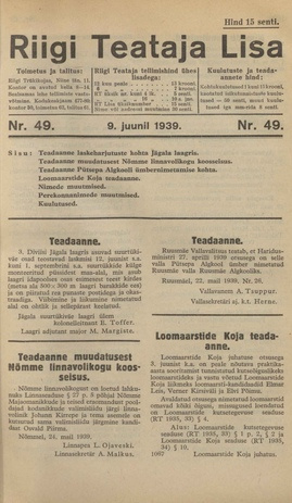 Riigi Teataja Lisa : seaduste alustel avaldatud teadaanded ; 49 1939-06-09