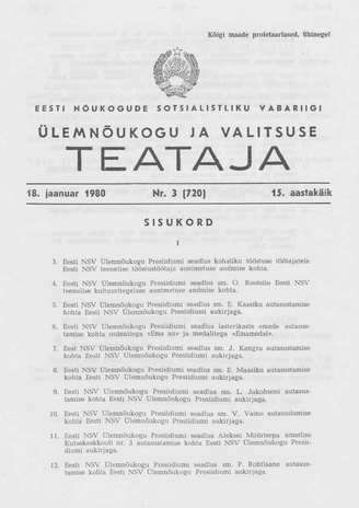 Eesti Nõukogude Sotsialistliku Vabariigi Ülemnõukogu ja Valitsuse Teataja ; 3 (720) 1980-01-18