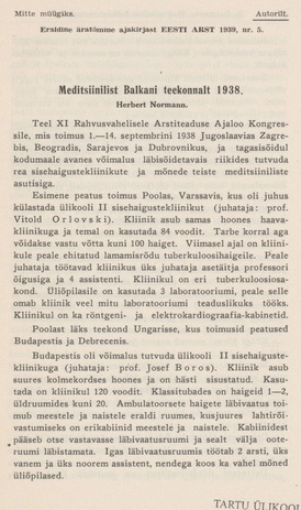 Meditsiinilist Balkani teekonnalt 1938