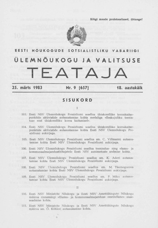 Eesti Nõukogude Sotsialistliku Vabariigi Ülemnõukogu ja Valitsuse Teataja ; 9 (657) 1983-03-25