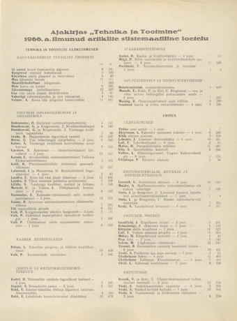 Tehnika ja Tootmine ; sisukord 1966