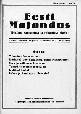Eesti Majandus ; 44 (138) 1925-10-27