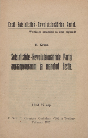 Sotsialistide-Rewolutsionääride Partei agraarprogramm ja maaolud Eestis 