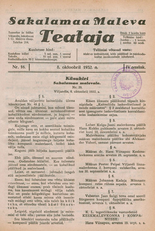 Sakalamaa Maleva Teataja ; 16 1932-10-08