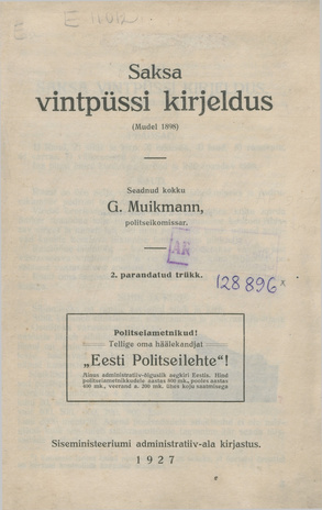 Saksa vintpüssi kirjeldus (mudel 1898) 