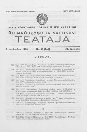Eesti Nõukogude Sotsialistliku Vabariigi Ülemnõukogu ja Valitsuse Teataja ; 36 (861) 1988-09-02