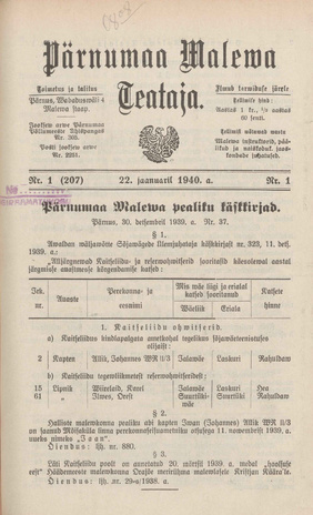 Pärnumaa Maleva Teataja ; 1 (207) 1940-01-22
