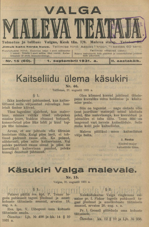Valga Maleva Teataja ; 15 (60) 1931-09-01