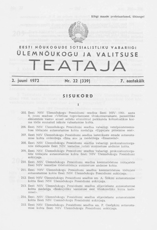 Eesti Nõukogude Sotsialistliku Vabariigi Ülemnõukogu ja Valitsuse Teataja ; 22 (339) 1972-06-02