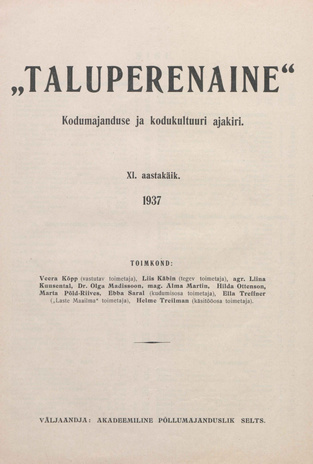 Taluperenaine : kodumajanduse ja kodukultuuri ajakiri ; sisukord 1937