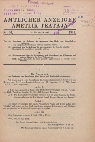 Ametlik Teataja. I/II osa = Amtlicher Anzeiger. I/II Teil ; 10 1943-05-29