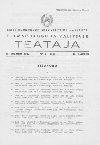 Eesti Nõukogude Sotsialistliku Vabariigi Ülemnõukogu ja Valitsuse Teataja ; 5 (653) 1983-02-16