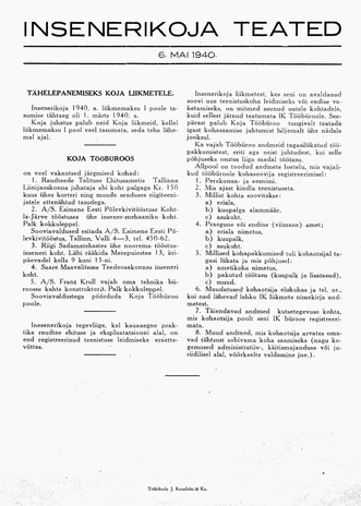 Insenerikoja Teated : ajakiri ; 1940-05-06