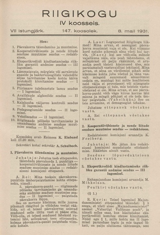 Riigikogu IV koosseis : täielikud protokollid : VII istungjärk : protokoll nr. 147