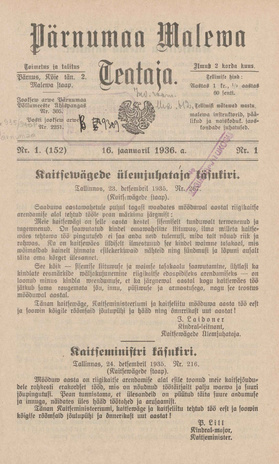 Pärnumaa Maleva Teataja ; 1 (152) 1936-01-16