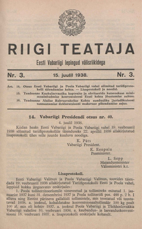 Riigi Teataja. Eesti Vabariigi lepingud välisriikidega ; 3 1938-07-15