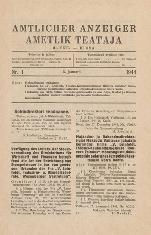 Ametlik Teataja. III osa = Amtlicher Anzeiger. III Teil ; 2 1944-01-12