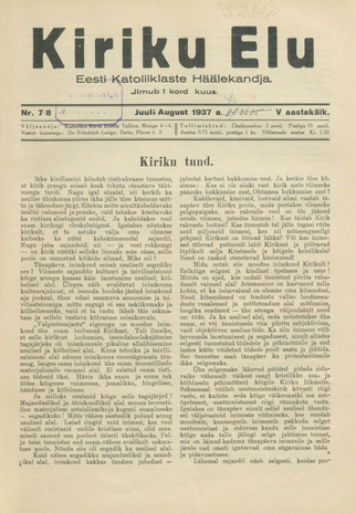 Kiriku Elu : Eesti Katoliiklaste Häälekandja ; 7-8 1937-08-18