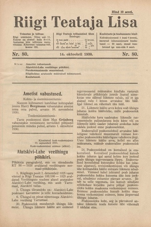 Riigi Teataja Lisa : seaduste alustel avaldatud teadaanded ; 80 1930-10-14