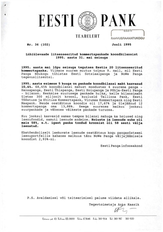Eesti Pank : teabeleht ; 36 (102) 1995-07