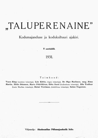 Taluperenaine : kodumajanduse ja kodukultuuri ajakiri ; sisukord 1931