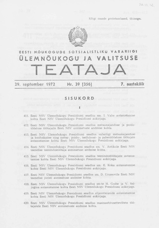 Eesti Nõukogude Sotsialistliku Vabariigi Ülemnõukogu ja Valitsuse Teataja ; 39 (356) 1972-09-29