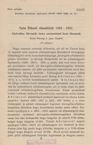Tartu Ülikooli silmakliinik 1868-1933 : ajalooline ülevaade tema asutamisest kuni tänaseni