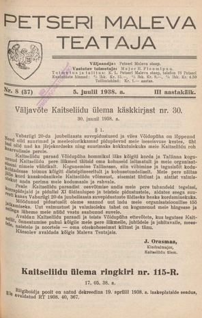 Petseri Maleva Teataja ; 8 (37) 1938-07-05
