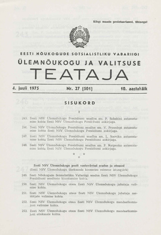 Eesti Nõukogude Sotsialistliku Vabariigi Ülemnõukogu ja Valitsuse Teataja ; 27 (501) 1975-07-04