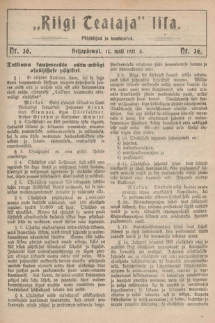 Riigi Teataja Lisa : seaduste alustel avaldatud teadaanded ; 36 1921-05-12