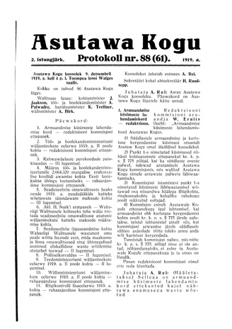Asutawa Kogu protokoll nr.88 (61) (9. detsember 1919)